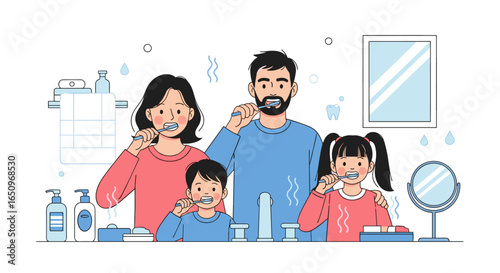 Happy family brushing teeth together in bathroom, promoting dental hygiene and wellness
