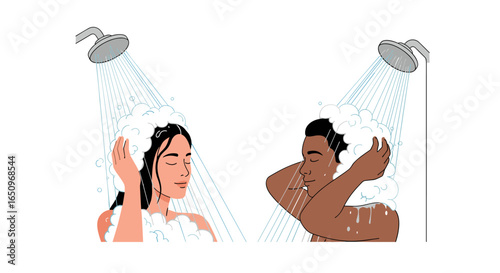 Couple enjoying refreshing shower with closed eyes, feeling relaxed and refreshed in the morning