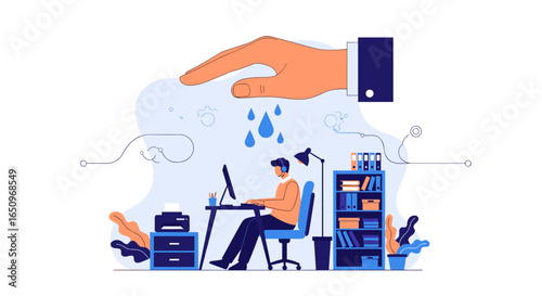 Business support concept with hand protecting employee, modern office environment