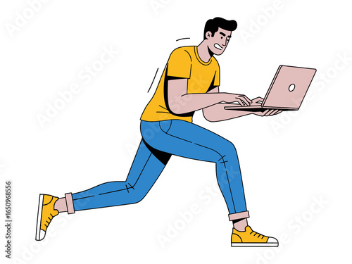 Laptop in a Rush: An energetic person on the move, working intently on a laptop. A visual representation of modern productivity, multitasking, and the fast-paced world. 