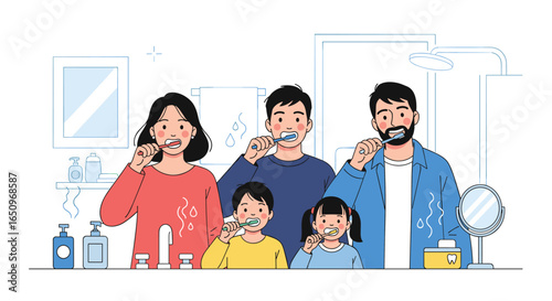 Happy family brushing teeth together in bathroom, promoting healthy dental hygiene habits