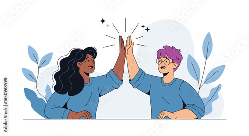 Teamwork and success: Two friends celebrate a high-five with joy and excitement