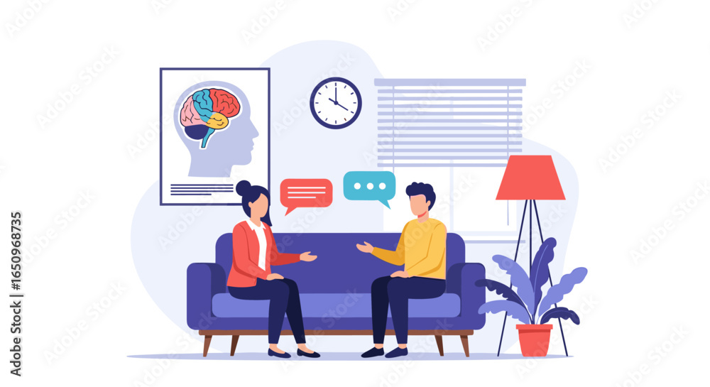 Therapist and patient having a discussion in a modern therapy session for mental health Therapist and patient having a discussion in a modern therapy session for mental health