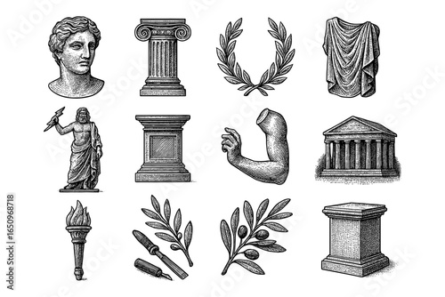 Classical greek artifacts and sculptures in detailed vintage style