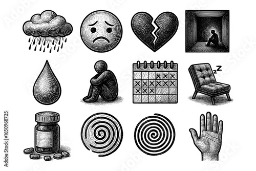 Vintage etched icons of sadness: broken heart, spiral and solitude
