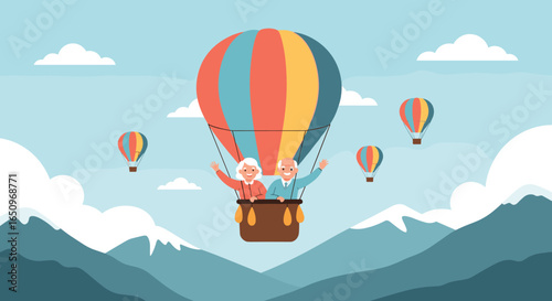 Joyful senior couple enjoying a hot air balloon ride over scenic mountain landscapes