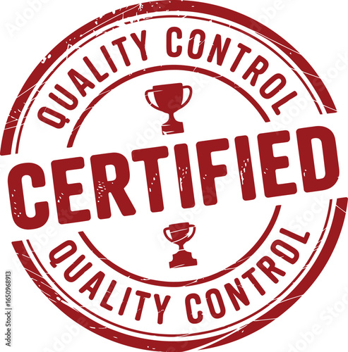 Distressed red quality control certified stamp with trophy icons, vintage style for product approval and assurance themes