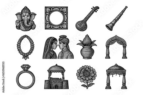 Traditional indian engravings featuring cultural symbols and iconic elements