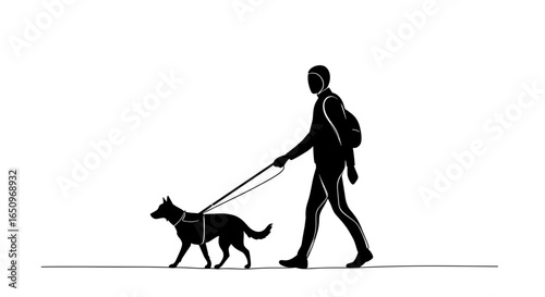 Silhouette of a person walking a dog representing companionship and outdoor activities