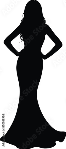 Confident Woman Silhouette in Flowing Gown – Black Vector Pose with Hands on Hips and Elegant Dress Shape