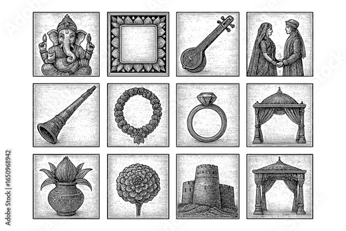 Traditional indian elements in detailed black and white etched style