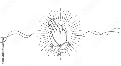 Continuous line drawing of praying hands symbolizing spirituality and connection