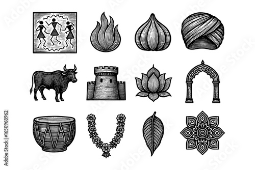 Vintage style indian cultural icons featuring traditional symbols and elements