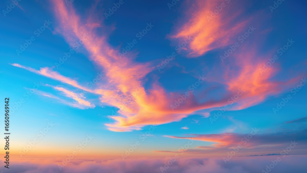 Obraz premium Vivid sky with orange and pink clouds over blue sky at sunset or sunrise.