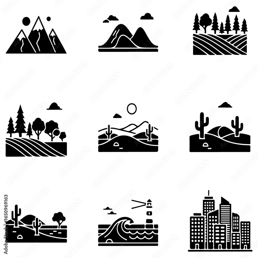 Fototapeta premium Vector Landscape and Scenery Icon Set - Black Glyphs