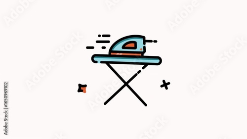Turquoise iron on ironing board with decorative elements. Ideal for lifestyle blogs, household product advertisements, or home improvement websites.