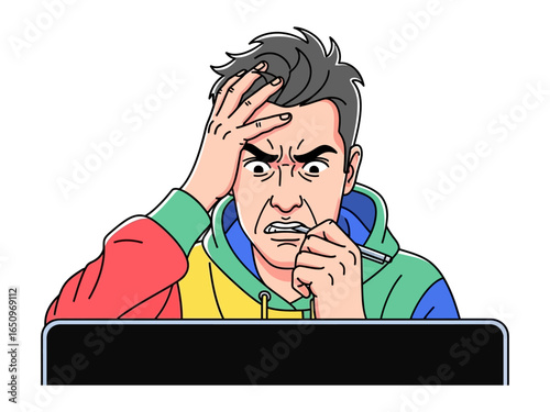 Confused Glance: A stylized illustration of a man wrestling with a mental puzzle, his expression of consternation intensified by the close-up perspective.