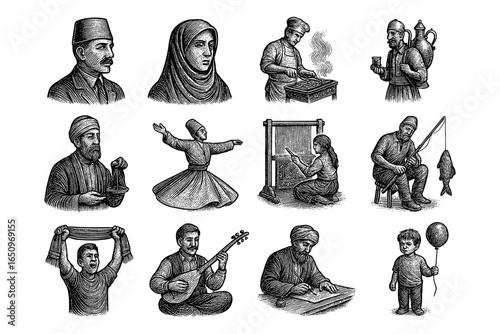 Traditional middle eastern figures in vintage engraving style