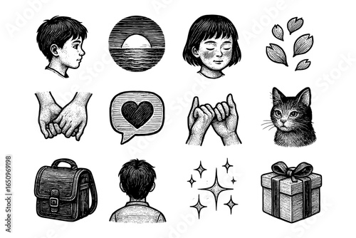 Hand-drawn elements: emotive portraits, gestures, and everyday objects