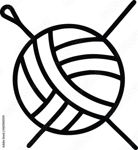 Minimalist yarn ball with knitting needles simple black line art vector icon for crafting, sewing, and handmade design themes
