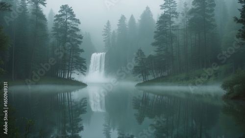 A misty forest landscape with a waterfall flowing into a lake, surrounded by tall pine trees, and the calm water reflecting the scene.