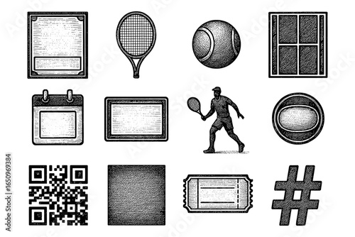 Vintage style engraved icons set: sports, technology, and nature symbols