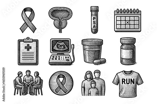 Prostate health awareness: diagnostic tools and supportive community in detailed retro style
