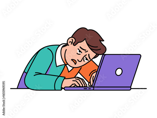 Tired from Work: A person, exhausted after intense work, leans wearily on their laptop, showing the common struggle of overwork and tiredness. 