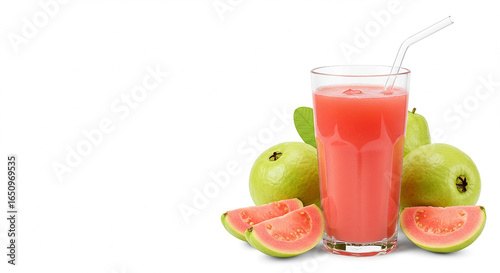 Refreshing guava juice in a glass, accompanied by whole and sliced guavas.