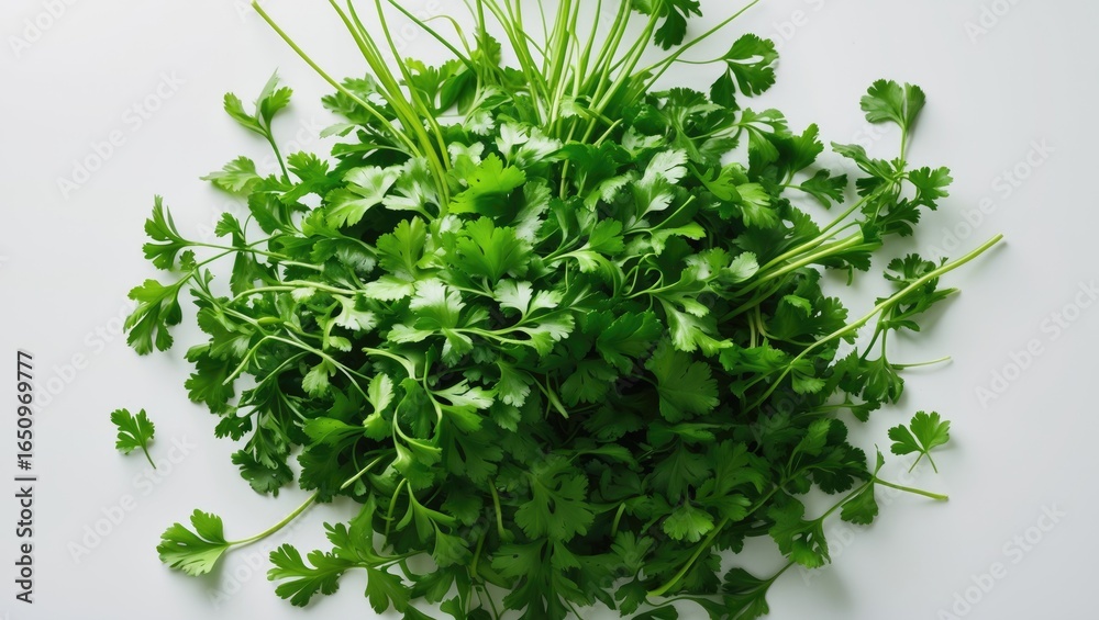 Obraz premium Fresh cilantro herbs, vibrant green leaves and stems, arranged on a white background.