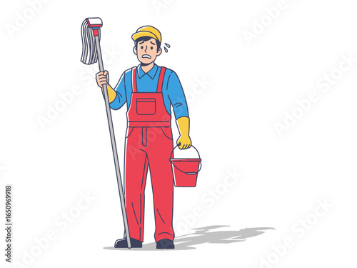 Weary Worker: Depicting a diligent worker, clad in protective gear, burdened by the tools of the trade: a mop and bucket.