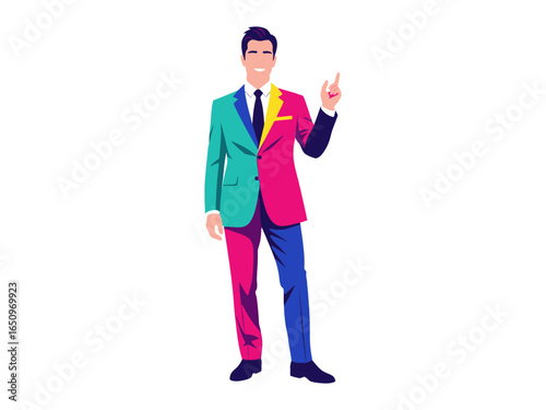 A Colorful and Confident Gentleman: A dapper gentleman in a stylish, vibrant suit, confidently pointing upwards, showcasing an air of authority and style.
