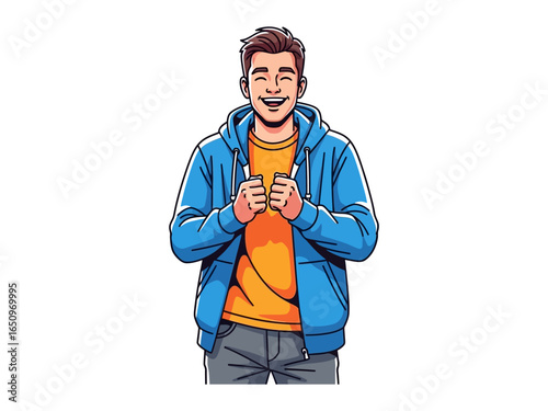Smiling Guy Illustration: A digitally rendered illustration of a joyful young man radiates positivity with a genuine smile and friendly gaze, conveying optimism and approachability. 