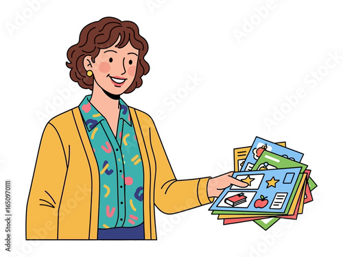 Teacher's Bundle of Joy: An illustrative capture of a cheerful educator presenting a vibrant bundle of educational resources, designed to engage and inspire young minds. 