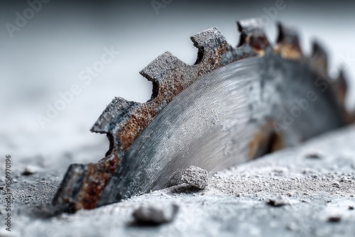 Close-up of a rusty circular saw blade embedded in gray sawdust