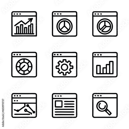 Collection of nine simple outline icons representing web analytics data and website functionality