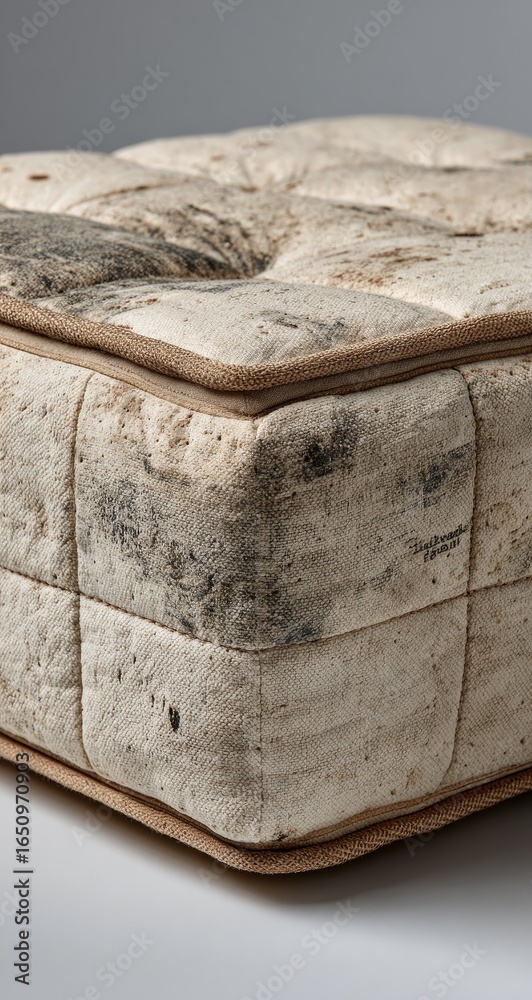 Naklejka premium Close-up of a section of a light beige, quilted ottoman or pouf. Patches of darker staining and discoloration visible on the surface
