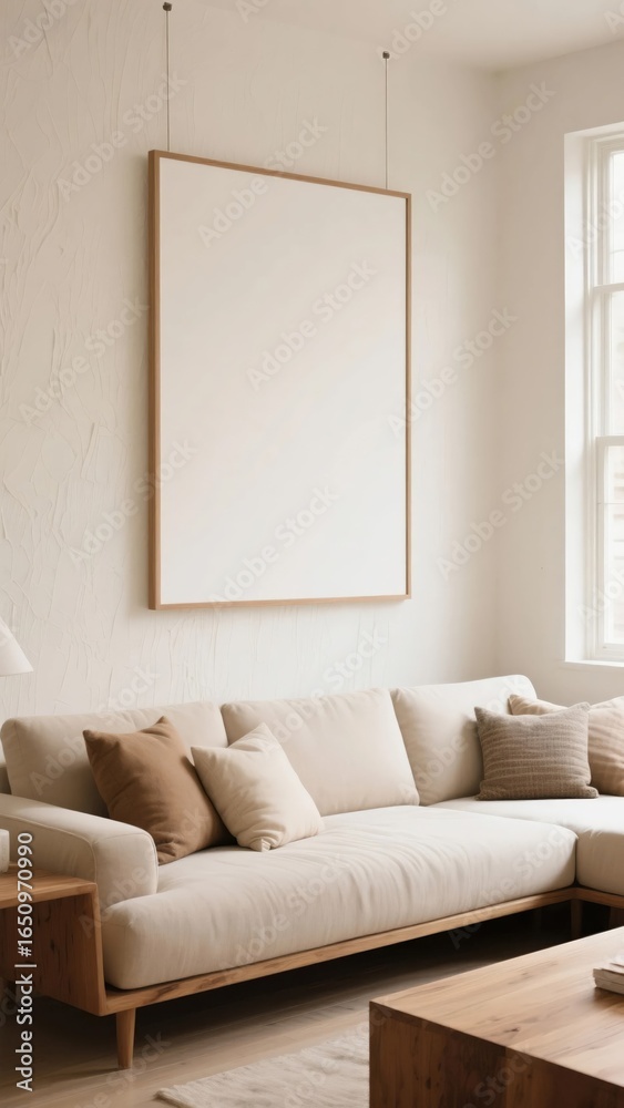 Fototapeta premium A large vertical wooden frame poster mockup hanging from the ceiling in a minimalist living room with a comfortable sofa.