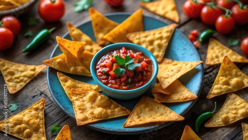 Wallpaper Mural Plate of crispy Triangular Nachos with Salsa Dip, surrounded by fresh tomatoes and peppers on rustic wooden surface Torontodigital.ca