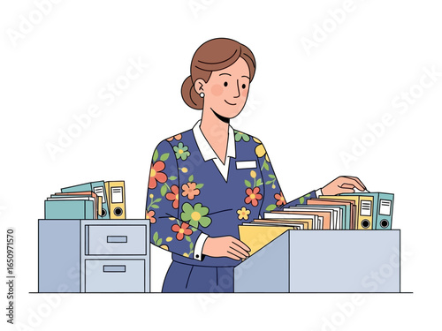 Office Worker with Documentation: A woman meticulously organizes files and documents, embodying the essence of organization and the importance of systematic data management.