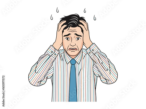 Despair's Grip: A poignant illustration of a man overcome with despair, his hands clasped to his temples, the sweat beading on his brow, a visual embodiment of internal struggle.
