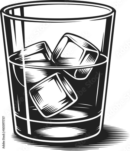 Whiskey glass, tumbler, beverage container, vintage engraved design with ice cubes and textured glass