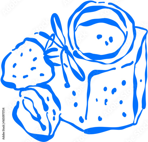A hand-drawn illustration of fresh strawberries and a jar of homemade jam, representing a delicious, sweet treat.
