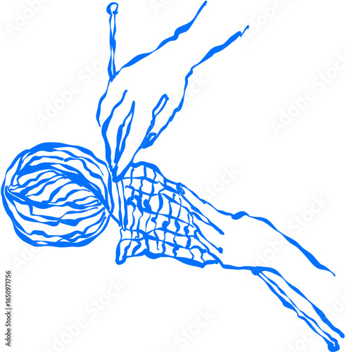 Hand-drawn sketch of a pair of hands holding knitting needles and yarn, depicting the craft of knitting