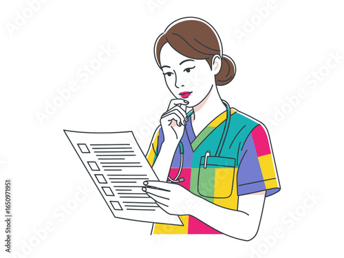 Nurse Reviewing Medical Records: A dedicated nurse diligently examines a medical report, contemplating patient care, in a vibrant, colorful cartoon setting, highlighting healthcare professionalism