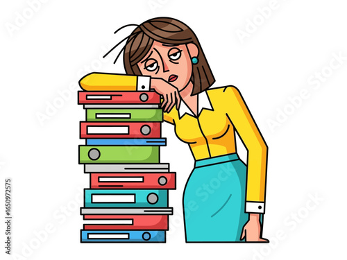 Exhausted Amidst the Files: A weary woman, draped over a towering stack of files, captures the stress and pressures of workload