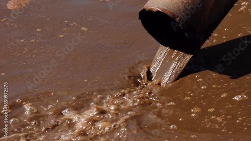 Rusty pipe discharging muddy brown wastewater into a polluted stream, with foamy surface and visible bubbles.