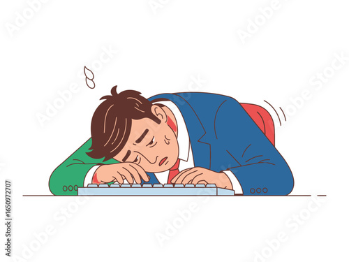 Exhaustion in the Workplace: A forlorn office worker slumps onto a keyboard, embodying the trials of burnout amidst the pressures of the job, capturing the daily grind, pressure and hardship.