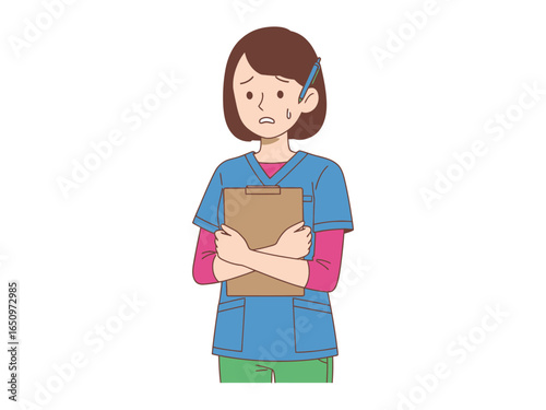 Anxious Healthcare Worker: A worried healthcare professional is seen clutching a clipboard, with a look of concern and unease. Depicting healthcare environment, showcasing empathy and understanding.