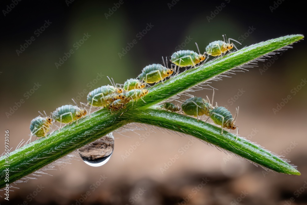 Naklejka premium A cluster of aphids gathered along the stem of a young green plant